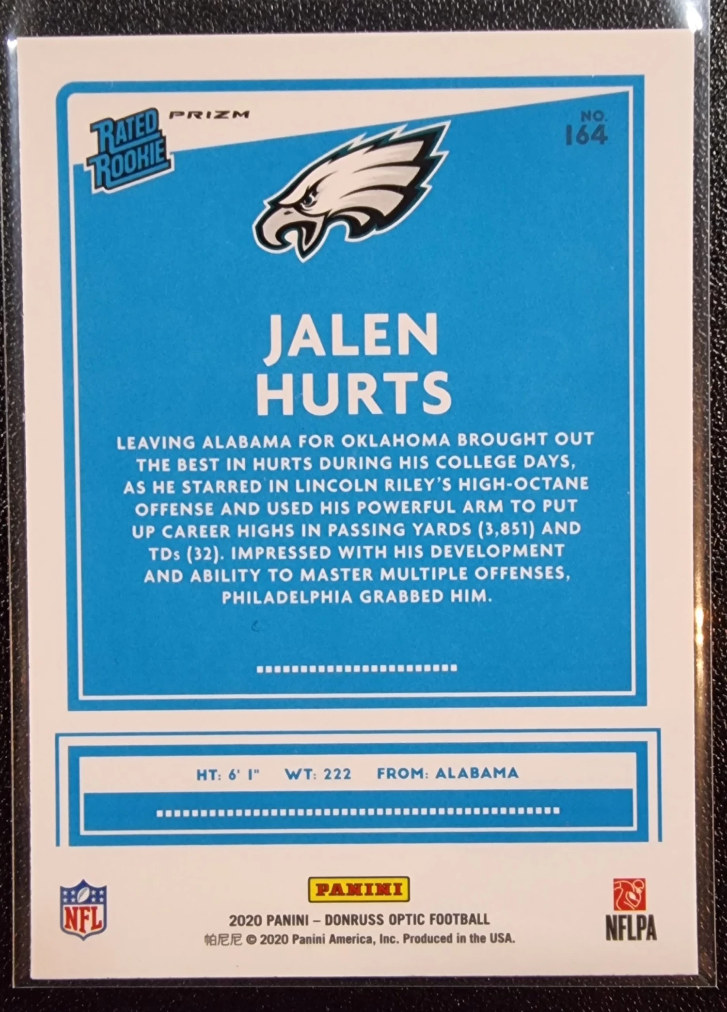 Jalen Hurts RC - 2020 Panini Donruss Optic Red Mojo Prizm #164 4 Jalen Hurts RC - 2020 Panini Donruss Optic Red Mojo Prizm #164 - Image 2